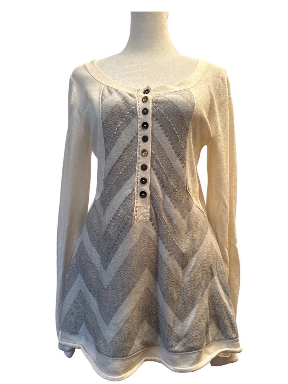 Free People Cream and Gray Chevron Knit Henley